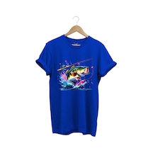 Fishing Balıkçılık Renkli Levrek Balığı Baskılı Avcılık %100 Pamuk Regular Fit Unisex T-shirt Mavi
