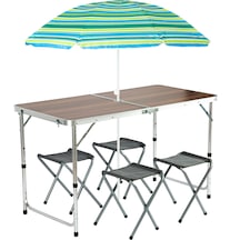 Funky Chaırs Şemsiyeli Tabureli Katlanabilir Piknik Masası Seti - Kahverengi