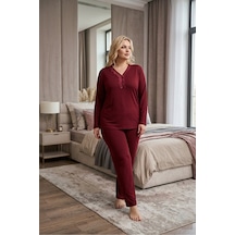 Eyfuze Kadın Büyük Beden Desenli Yakası Düğmeli Uzun Kollu Bambu Pijama Takımı Bordo