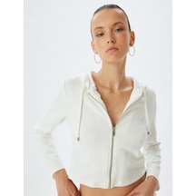Koton Kapüşonlu Crop Sweatshirt Basic Fermuarlı Viskon Ekru 5wak10070ek Ekru