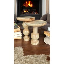 Ahşap Yan Sehpa Takımı 2 Li Doğal Masif Naturel Renk Zigon