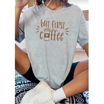 Kozia Outdoors But First Coffee Baskılı Overize Basic O Yaka T-şhirt Gri Gri