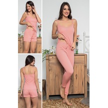 Myben Kadın Pembe Renkli Puantiyeli Şortlu Ve Taytlı Pijama Takımı 3'lü Set 75005 Pembe