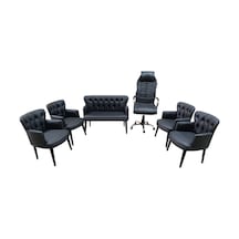 Garden House 6 Kişilik Pera Siyah Deri Ofis Koltuk Takımı Ofis, Bekleme - 2+1+1+1+1+makam Koltuğu Siyah
