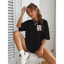Kadın Bisiklet Yaka Baskılı T-shirt - Siyah Siyah