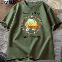 Flood Of Style Çorba Ve Anksiyete T-shirt Komik Kurbağa Grafik Tshirt Pamuk Kısa Kollu T Shirt Unisex Baskıl Yeşil