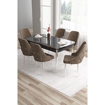 Canisa Tia Serisi, Siyah Mermer Desen 80x132 Açılabilir Mdf Mutfak Masa Takımı 6 Kahve Sandalye Gümüş Detay Masa Siyah Mermer Sandalye Cappucino