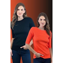 Miss Poem Kadın 2 Li Yarım Kol Bisiklet Yaka Uzun Kışlık Triko Kazak Siyah