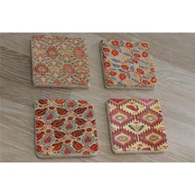Osmanlı Kumaş Desenleri Doğal Taş Bardak Altlığı 4'lü Set - Natural Stone Coasters - Taş Çok Renkli