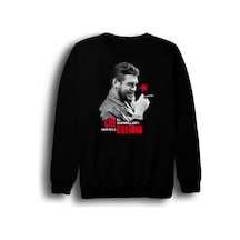 Che Guevera Baskılı Unisex %100 Pamuk Siyah Bisiklet Yaka Sweatshirt Siyah