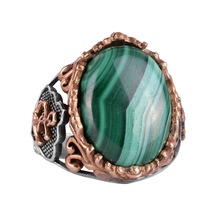 Doğal Malakit Taşlı Yüzük, Denizci Halat Yüzüğü - Canlı 925 Ayar Katı Gümüş Erkek Yüzüğü Gümüş