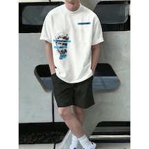 Art T-shirt Şort - Beyaz Siyah Şort Tişört Takım Baskılı Oversize Bisiklet Yaka Beyaz Siyah