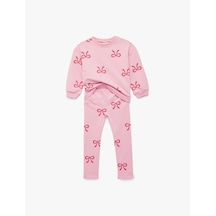 Koton Uzun Kollu Bisiklet Yaka Pamuklu Fiyonk Baskılı Sweatshirt Ve Tayt Seti - 2'li Takım Pembe Desenli 6smg10103ak Pembe