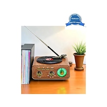 Nostaljik Tasarım Plak Çalar Görünümlü Radyolu Bluetooth Hoparlör Retro Müzik Plak Açık Kahverengi Çok Renkli