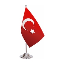 Türk Masa Bayrağı 15 X 23 Cm Çift Taraflı Baskılı Lüks Saten Kumaş 33 Cm Krom Direkli, 7.8 Cm Ağır Me 1