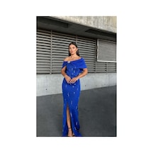 Genel Markalar Kadın Trend Dik Yaka Taş Detaylı Maxi Abiye Elbise Saks - 925393533 Saks