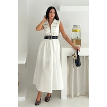 Asprin Fashion Paraşüt Kumaş Kemerli Elbise Beyaz Beyaz
