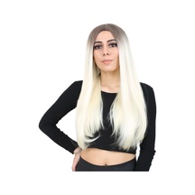 Fiber Sentetik Uzun Düz Peruk - Küllü Açık Kahve / Platin Ombreli
