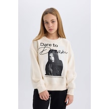 DeFacto Kız Çocuk Oversize Geniş Kalıp Bisiklet Yaka Baskılı Sweatshirt D5452A824WNER233 Ekru