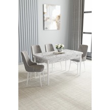 Familieconcept Zümra Serisi, Beyaz Mermer Desen 80x132 Açılabilir Mdf Mutfak Masası Takımı 4 Adet Sandalye Gri