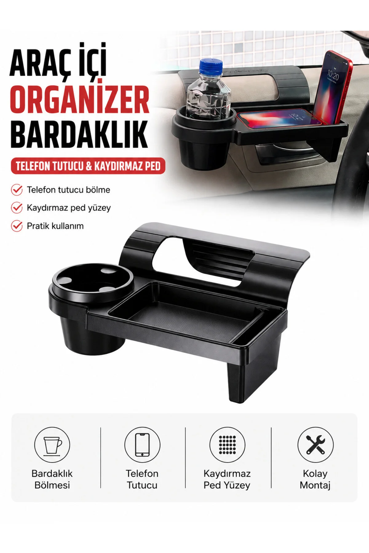 Araba Yan Cep Organizeri - Araç İçi Bardaklık Ve Telefon Tutuculu Çok Amaçlı Düzenleyici Renk - Siyah