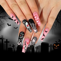 Halloween Korku Maskeli Özel Tasarım Uzun Düz Takma Tırnak Seti 24 Adet - Siyah