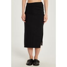 Tudors Kadın Slim Fit Dar Kesim Fermuarlı Yırtmaçlı Siyah Etek-34115 Siyah