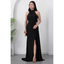 Kalopya Halter Yaka Drapeli Tokalı Abiye Elbise Ecr5862 Siyah