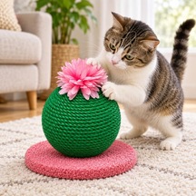 Dekoratif Kedi Tırmalama Oyuncağı, Halat Sarımlı Kaktüs Tasarım, Tabanlı Kedi Tırmalama Ve Oyun Ürünü Yeşil-pembe Çiçekli
