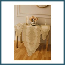 Bezos Salon Takımı 5 Parça Keten Dantelli Masa Örtüsü Runner Seti Angelika Model 236- Simli Gold - 150 X 60 Cm Ob X Cm