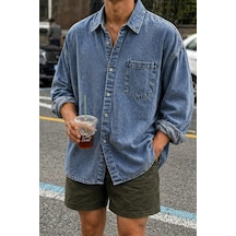 Erkek Oversize Denim Gömlek Yıkamalı Kot Gömlek Tek Cep Rahat Kalıp Mavi Erkek Oversize Denim Gömlek Yıkamalı Kot Gömlek Tek Cep Rahat Kalıp Mavi