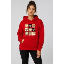 Herkesemoda Küçük Leopar Kalpler Baskılı Kapüşonlu 2 İplik Şardonlu Sweatshirt Kırmızı