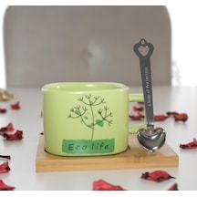 Hayat Ağacı Desenli Mıknatıslı Bambu Stantlı Gerçek Seramik Kahve Kupası Fincan Seti Kupa Mug 200 Ml 001