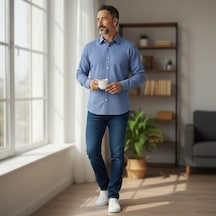 Klasik %100 Cotton Uzun Kollu Terletmeyen 4 Mevsim Gömlek Regular Kalıp Mavi