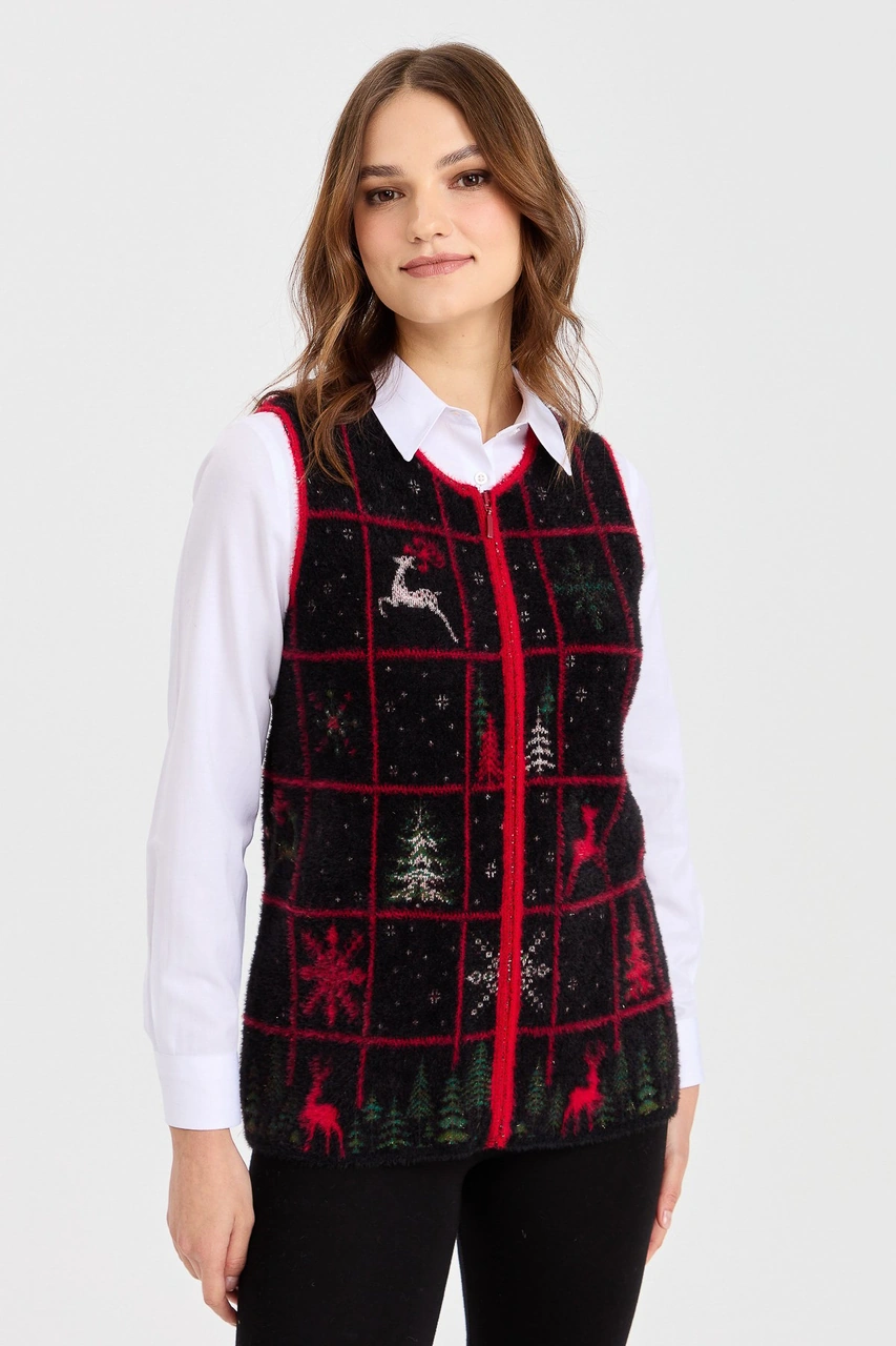 Desen Triko Kadın Sıfır Yaka Patchwork Yılbaşı Desenli Yelek Siyah Siyah