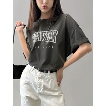 Bravely Süprem T-shirt - Koyu Füme Baskılı Oversize Bisiklet Yaka Kısa Kol Tişört Koyu Füme