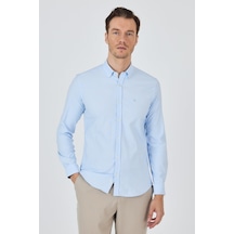 İmza Uzun Kol Düz Bez Ayağı Düğmeli Yaka Cepsiz Pamuklu Casual Slim Fit Gömlek 1004250212 Koyu Mavi