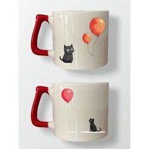 Balon Kedi Baskılı 2'li Kupa - Anneler Günü Hediye, Evlilik Yıldönümü Hediyesi Kadın Beyaz