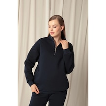 Üç İplik Dik Yaka Yarım Fermuarlı Kadın Lacivert Sweat Çok Renkli