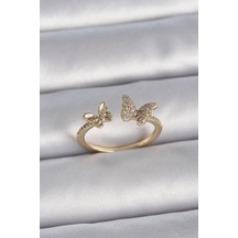 Pirinç Gold Renk Ayarlanabilir Zirkon Taşlı Kelebek Model Kadın Yüzük Altın