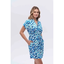 Belden Kurdale Bağlamalı Desenli Elbise Cnl Mavi