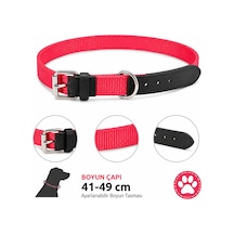 Köpek Boyun Tasması 41-49 Cm Dokuma Naylon Siyah Deri Uçlu Metal Tokalı - Kırmızı Çok Renkli