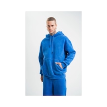 Erkek 3 İplik Pamuklu Oversize Kapüşonlu Yıkamalı Hoodie Sweatshirt - Mavi