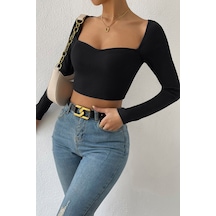 Angbutik Kadın Siyah Uzun Kol Göğüs Dekolteli Şık Crop Top Bluz