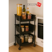 3 Katlı Tekerlekli Plastik Organizer Raf Çok Amaçlı Mutfak, Banyo Ve Ofis Düzenleyici Siyah Beyaz