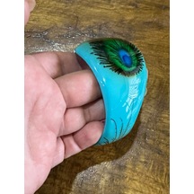 Tavus Kuşu Kanadı Desenli Kemik Kadın Hint Bileziği Çap 7 Cm Turkuaz