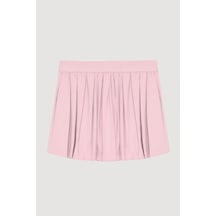 Quzu İçi Şortlu Beli Lastikli Pileli Mini Etek Pembe