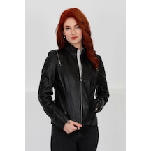 M M Marki Marki Sportif Deri Ceket, Hakiki Siyah Deri Ceket, Fit Kesim, Hakim Yaka Kadın Mont, Fermuar Detay- 102822