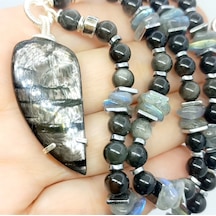 Sibelce 2223 Hypersthene Gümüş Obsidyen Labradorit El Yapımı Kolye Çok Renkli