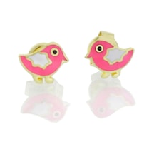 Pembe Kuş Altın Çocuk Küpe Sarı Altın